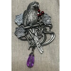 2.75"  Jonette Jewelry Parrot Brooch Tropical Bird Flower Berry Pewter Pin Large